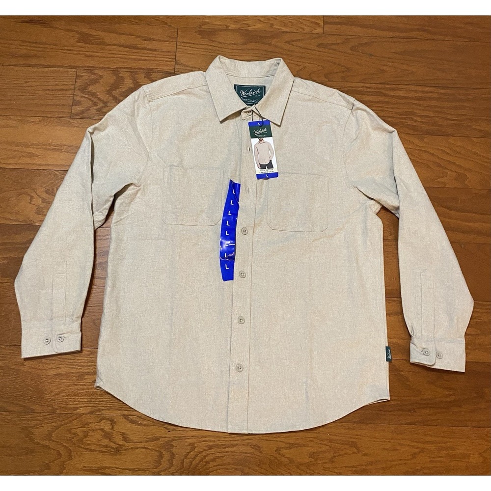 Woolrich Shirt Long Sleeve Men's Large Green Label New! NWT Tan Color Cotton